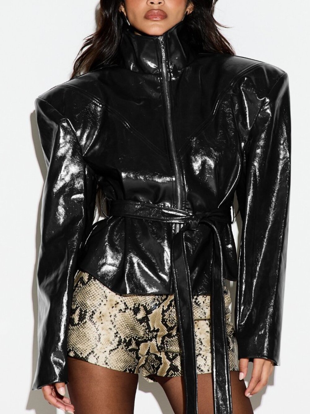 Black Party Women's Faux Leather High Neck Zip Front Belted Puffer Jacket